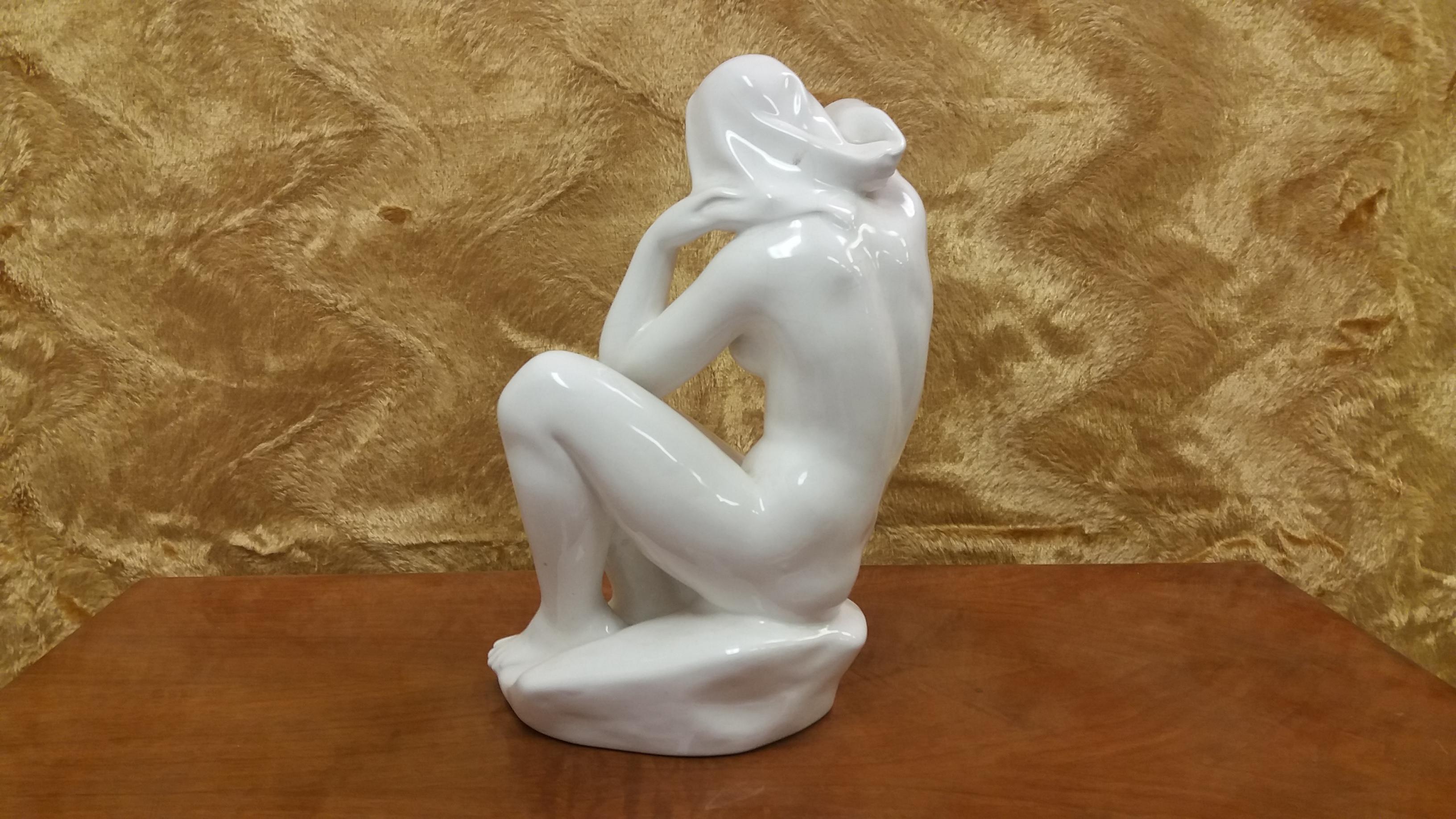 Czech Art Deco Design Ceramic Sculpture Nude Sitting Woman, 1940s For Sale
