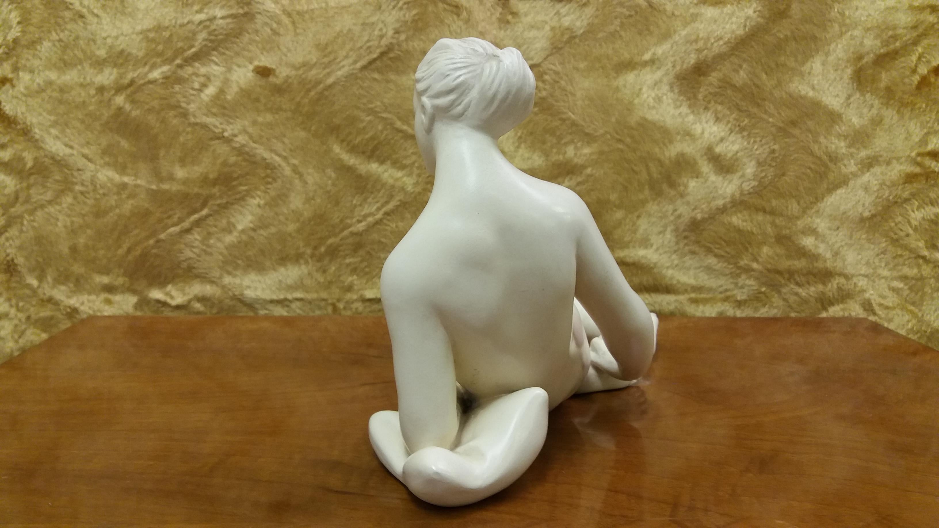 Czech Art Deco Design Ceramic Sculpture Nude Sitting Woman, 1940s