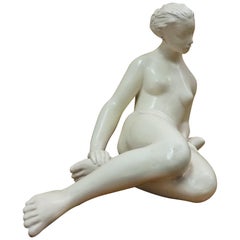 Art Deco Design Ceramic Sculpture Nude Sitting Woman, 1940s