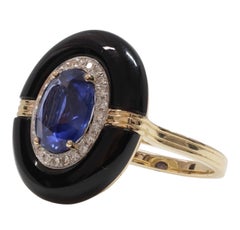 Bague en or jaune 14ct, saphir de Ceylan, onyx et diamants, design art déco