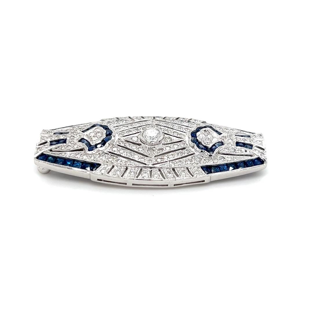 Brilliant Cut Art Deco Design Diamond and Sapphire Pendant/Brooch in 18K White Gold  For Sale