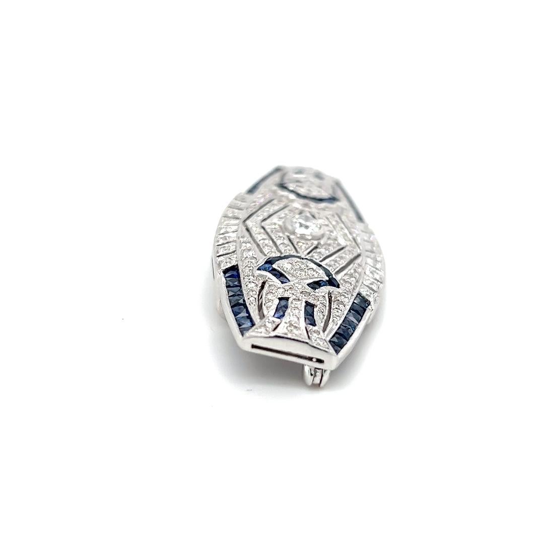 Art Deco Design Diamond and Sapphire Pendant/Brooch in 18K White Gold  For Sale 1