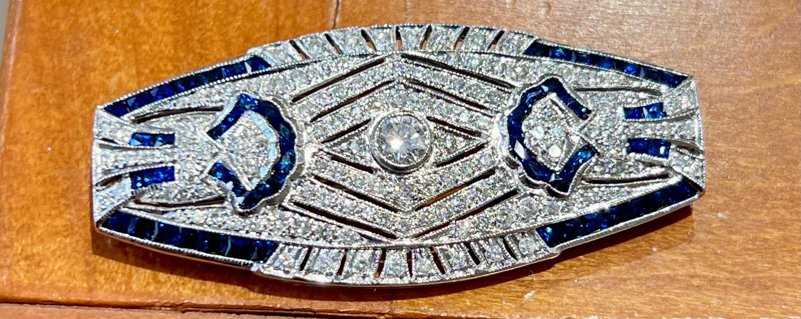 Art Deco Design Diamond and Sapphire Pendant/Brooch in 18K White Gold  For Sale 3