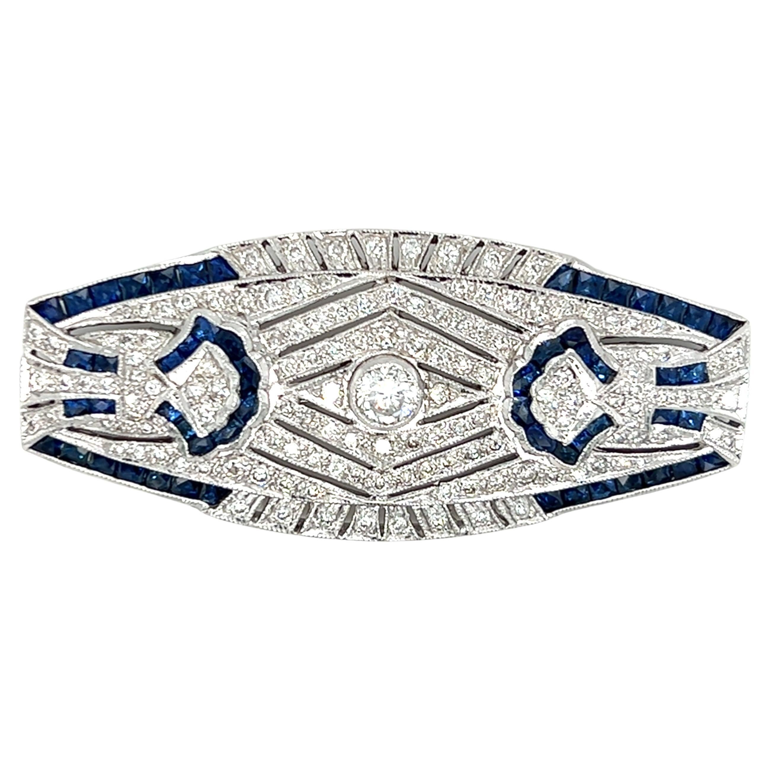 Art Deco Design Diamond and Sapphire Pendant/Brooch in 18K White Gold 