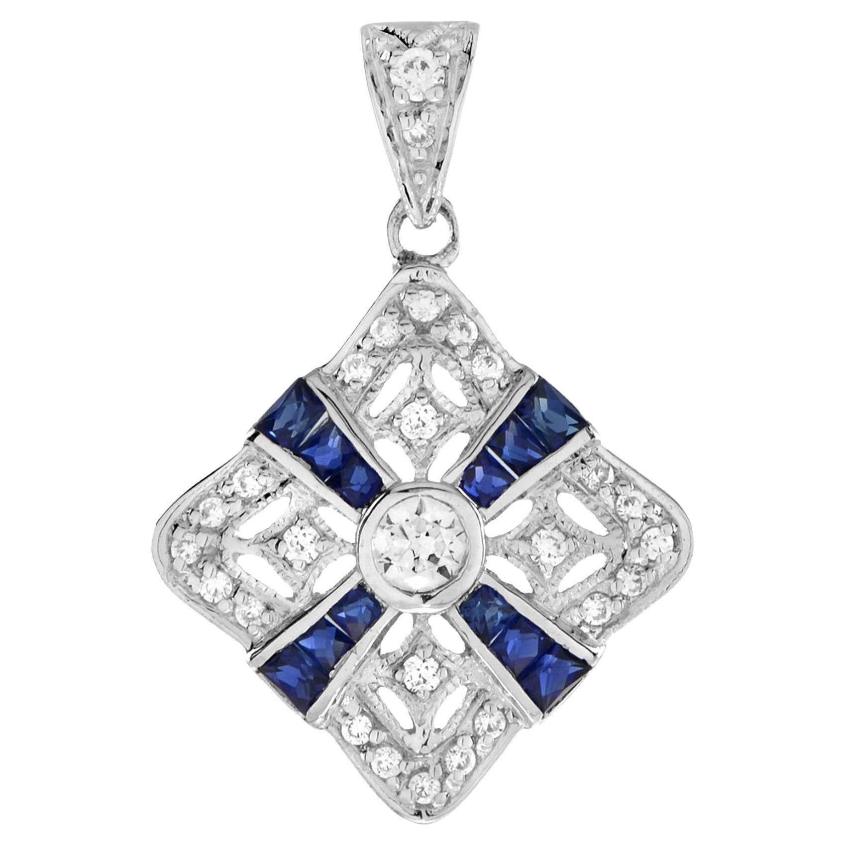 Art Deco Design Diamond and Sapphire Pendant in 14K White Gold