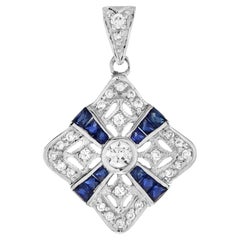 Art Deco Design Diamond and Sapphire Pendant in 14K White Gold