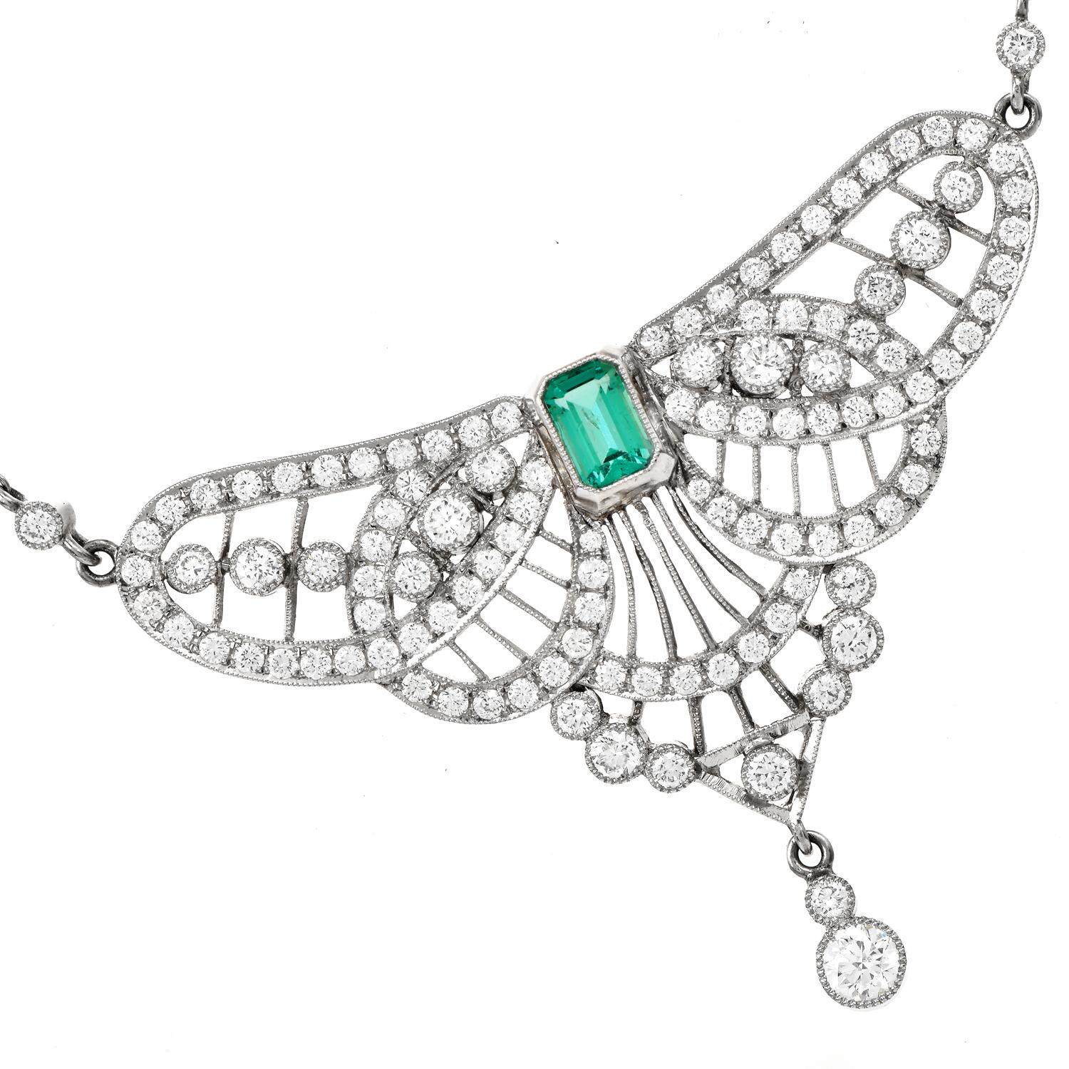 A romantic butterfly-inspired open-design pendant chain necklace.

It is crafted in solid platinum. Romantically designed with a drop pendant, & top centered by an exquisite Emerald, emerald-cut Shaped of approximately 0.60 carats, bezel set.

The