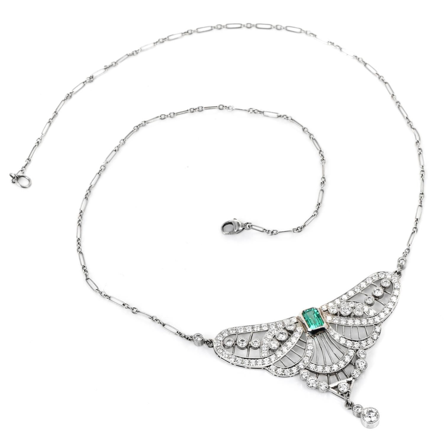 Emerald Cut Art Deco Design Diamond Emerald Platinum Butterfly Pendant Necklace