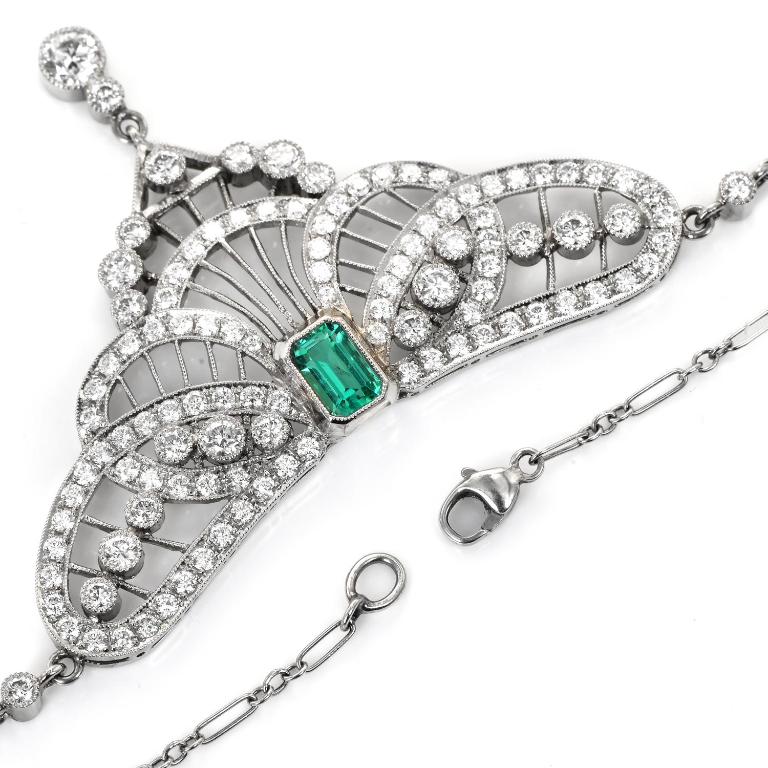 Art Deco Design Diamond Emerald Platinum Butterfly Pendant Necklace In Excellent Condition In Miami, FL
