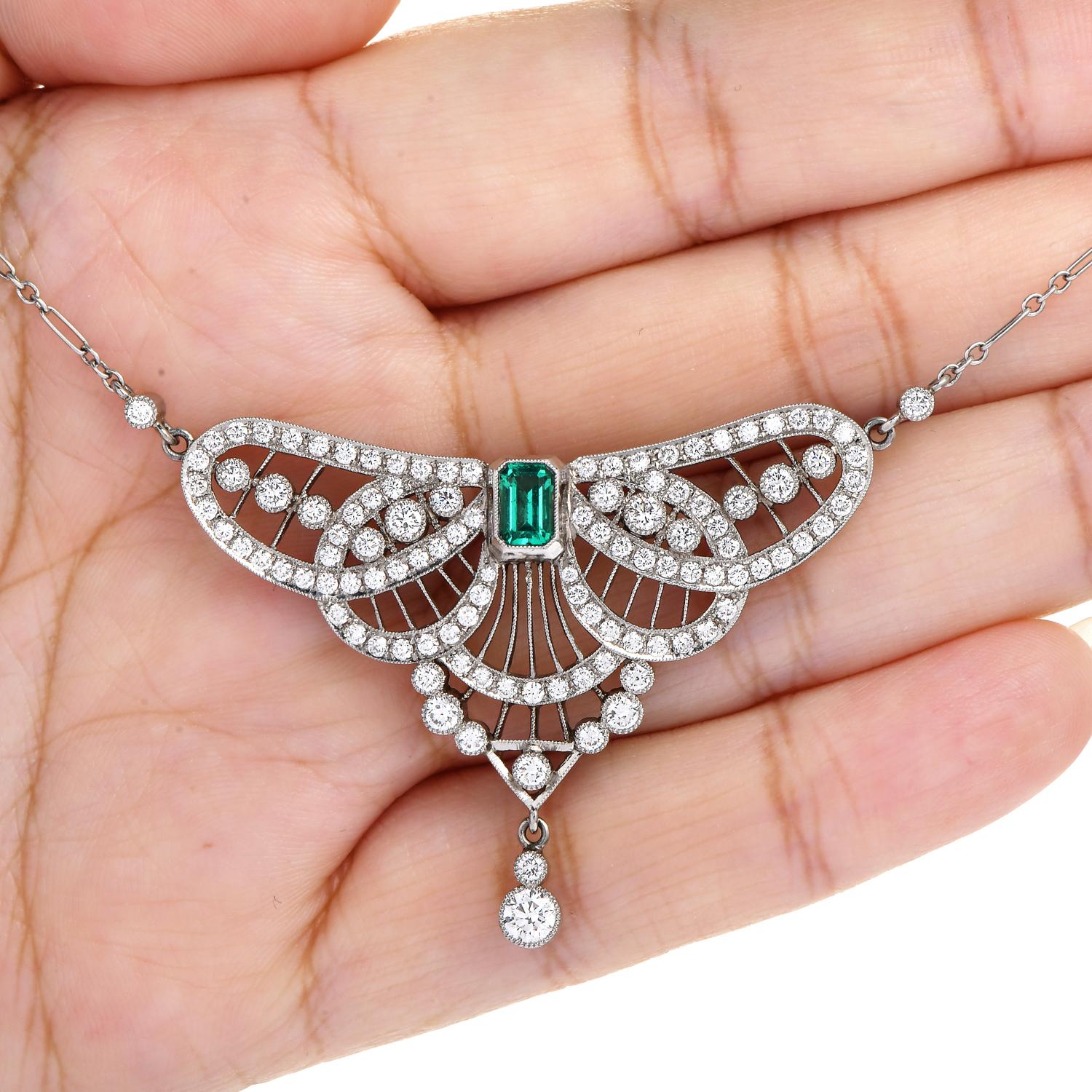 Women's Art Deco Design Diamond Emerald Platinum Butterfly Pendant Necklace