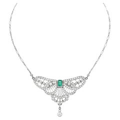 Art Deco Design Diamond Emerald Platinum Butterfly Pendant Necklace