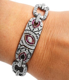 Art Deco Design Diamond Ruby 18K White Gold Marquise Eye Link Bracelet