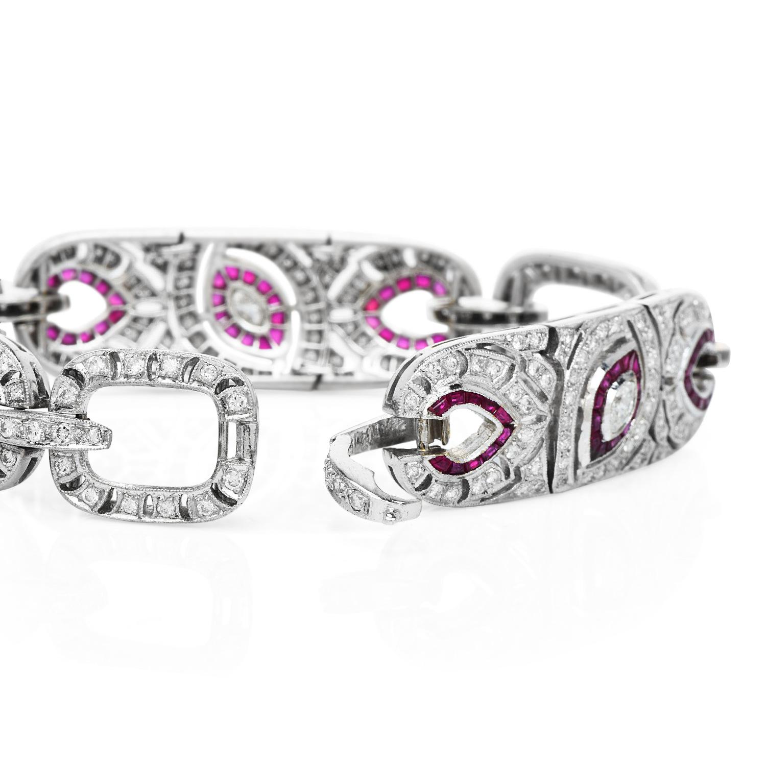 Marquise Cut Art Deco Design Diamond Ruby 18K White Gold Marquise Eye Link Bracelet