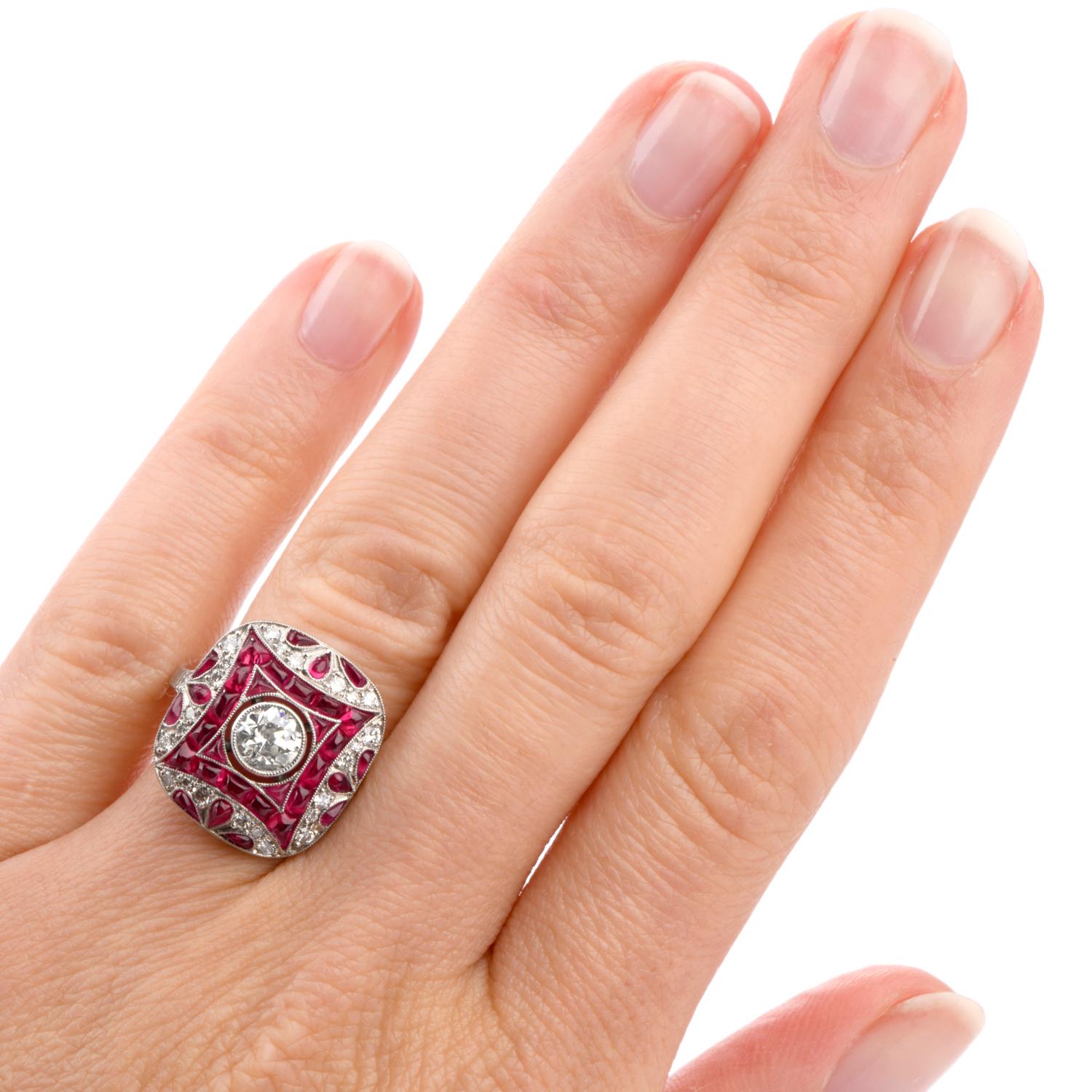 Discover the magic of the past with this stunning and vibrant Art Deco-inspired Ruby and Diamond

cocktail engagement ring crafted in Luxurious Platinum.

Featured in the center of this motif is one round faceted old European-cut diamond

weighing