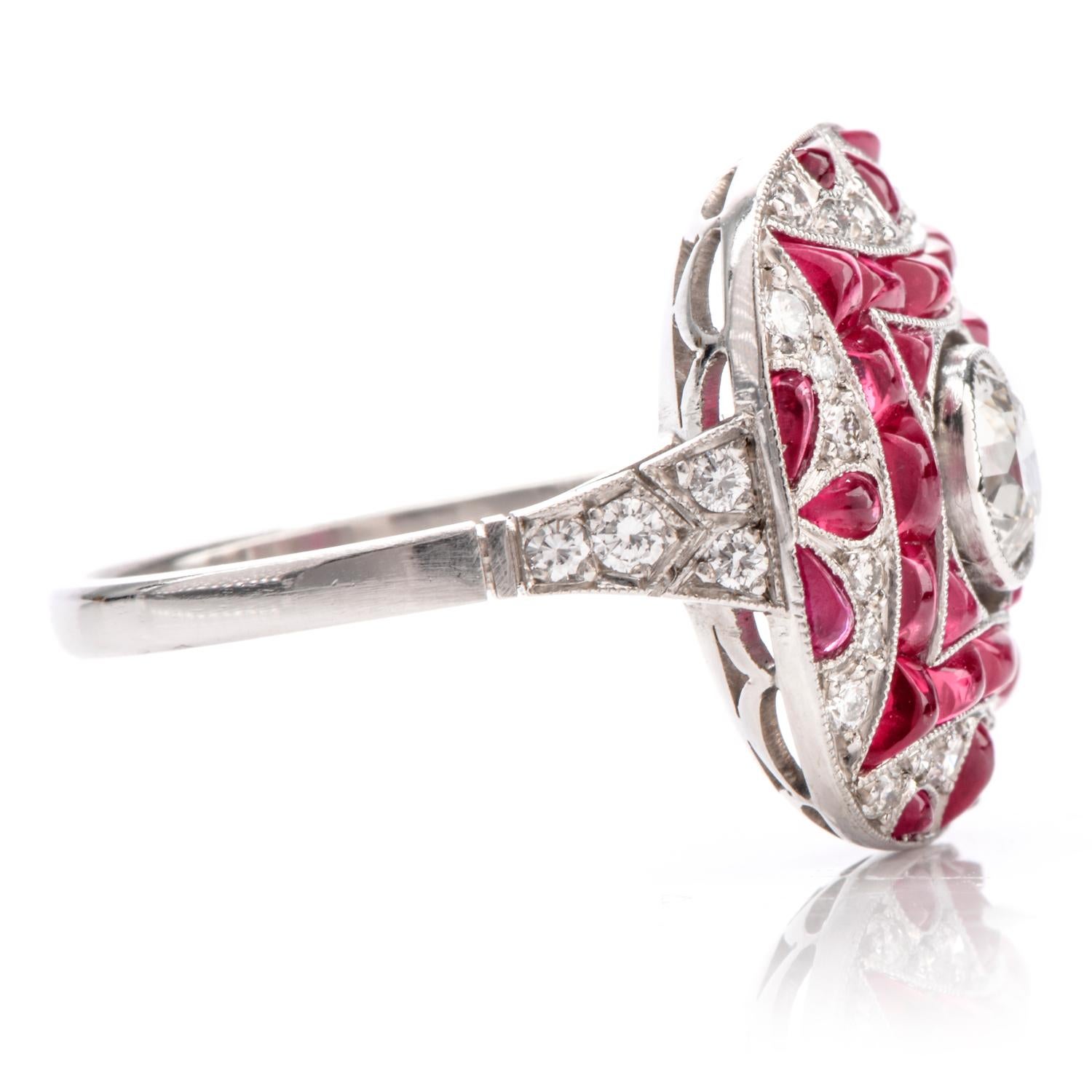 Round Cut Art Deco Style Diamond Ruby Platinum Cocktail Engagement Ring