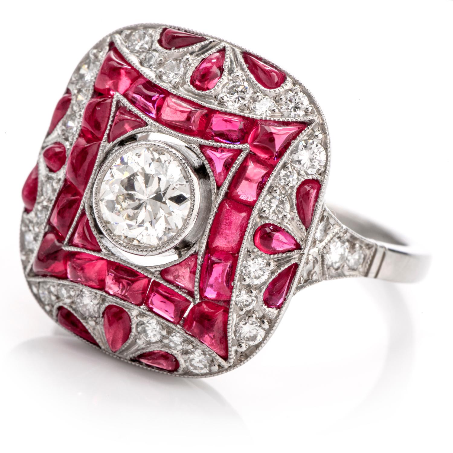 Women's or Men's Art Deco Style Diamond Ruby Platinum Cocktail Engagement Ring