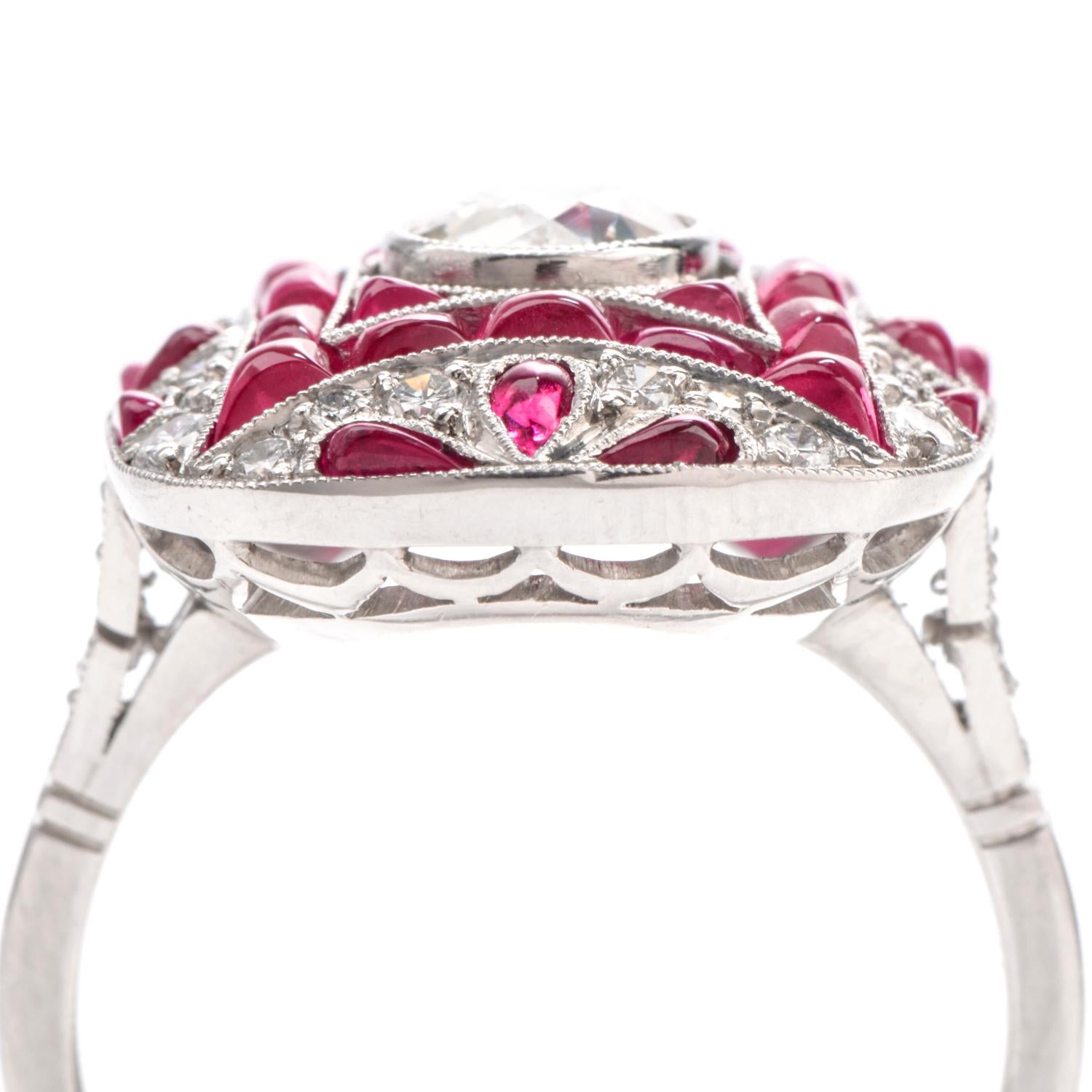 Art Deco Style Diamond Ruby Platinum Cocktail Engagement Ring 1