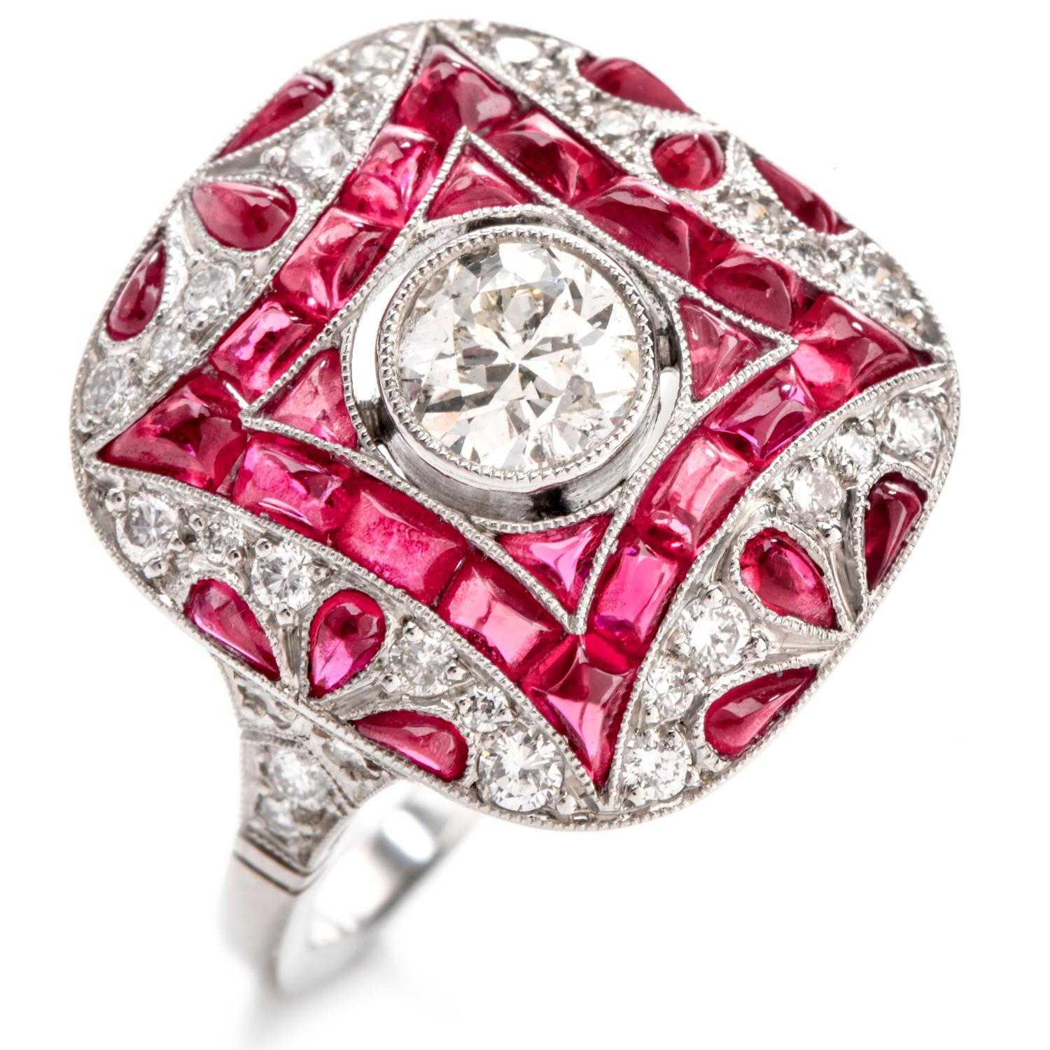 Art Deco Style Diamond Ruby Platinum Cocktail Engagement Ring 2