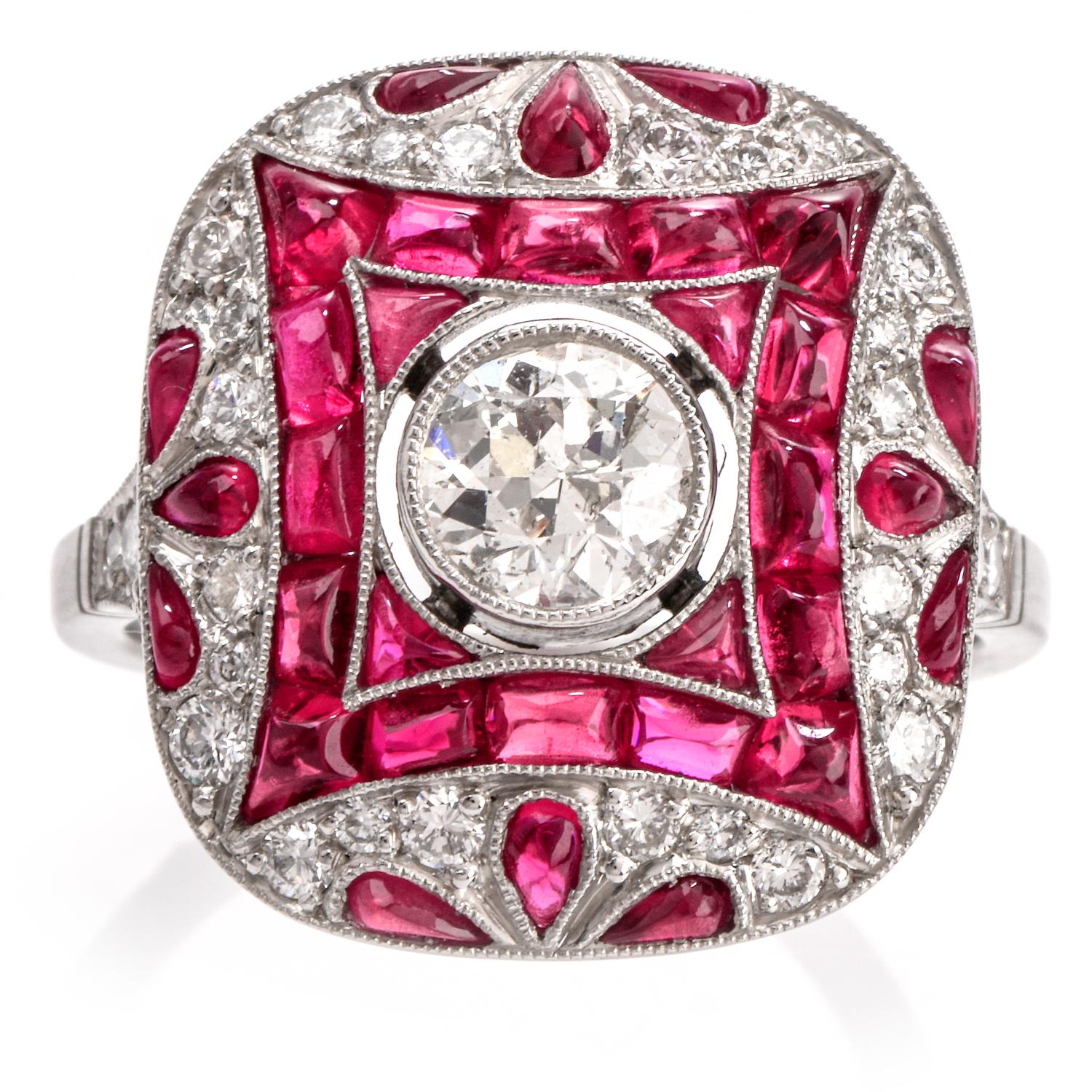Art Deco Style Diamond Ruby Platinum Cocktail Engagement Ring 3