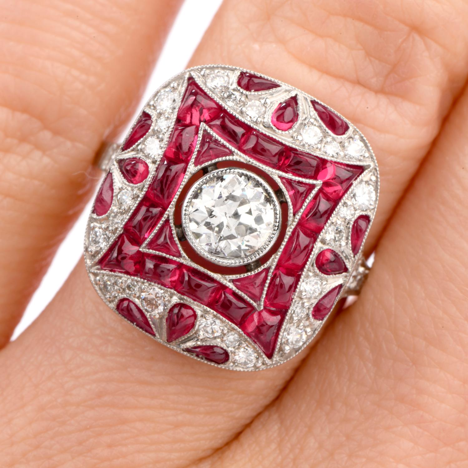 Art Deco Style Diamond Ruby Platinum Cocktail Engagement Ring 4