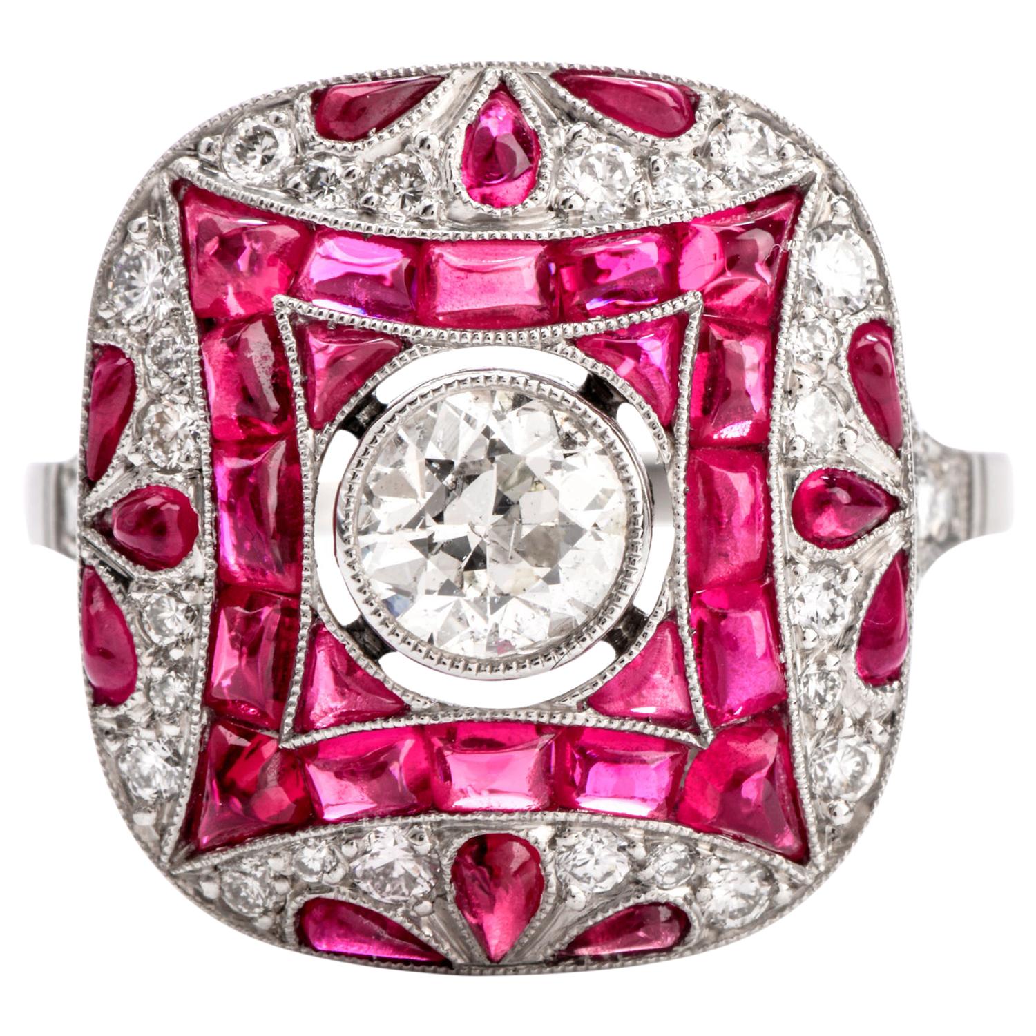 Art Deco Style Diamond Ruby Platinum Cocktail Engagement Ring
