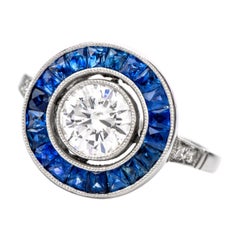 Vintage Art Deco Design Diamond Sapphire Halo Platinum Engagement Ring