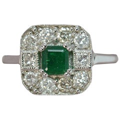 Vintage Art Deco Design Emerald and Diamond 18 Carat White Gold Cluster Ring