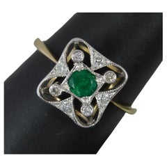 Art Deco Design Emerald and Diamond 18ct Gold Panel Cluster Ring
