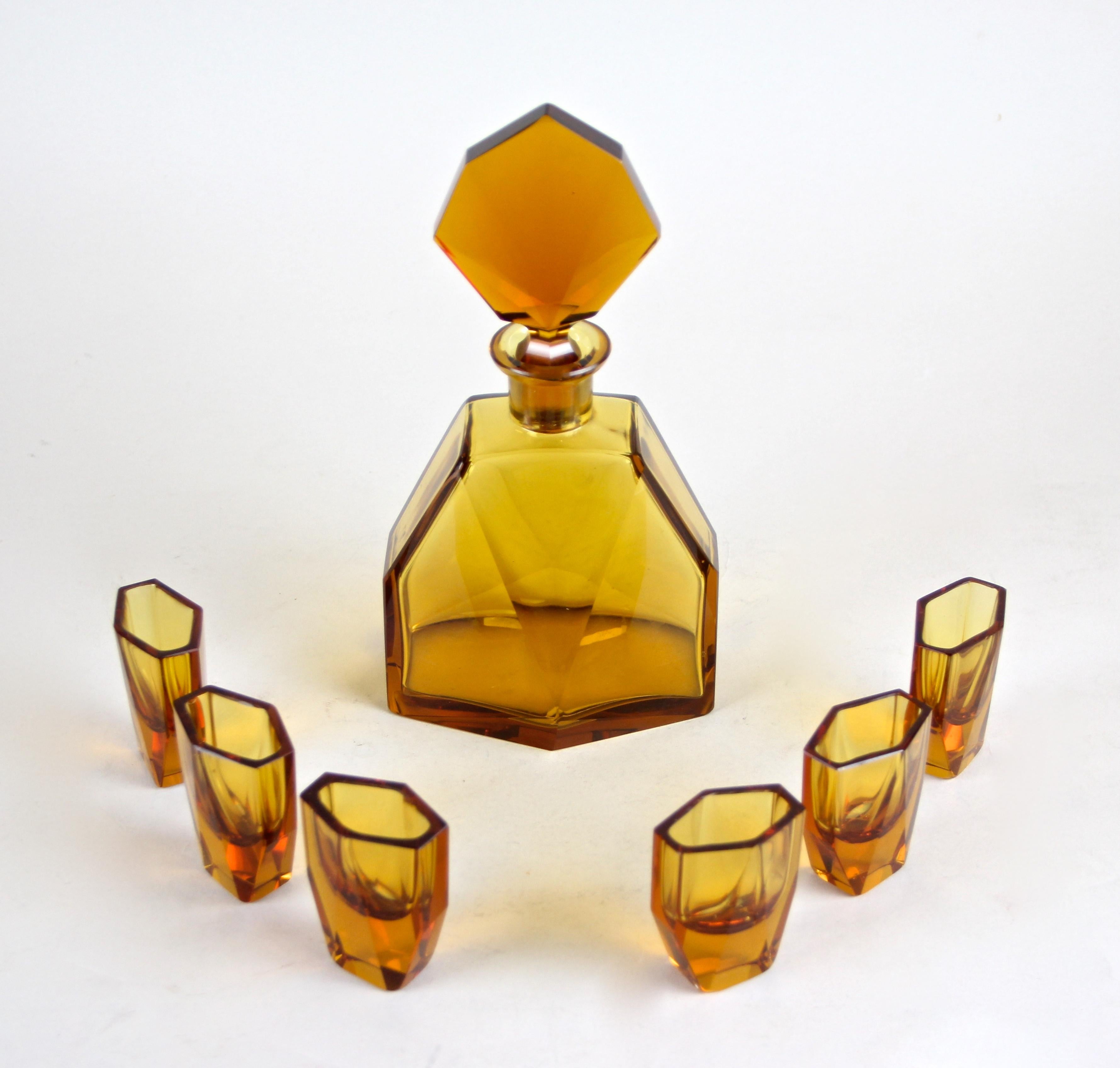 Art Deco Design Glass Liquor Set Amber-Colored, CZ, circa 1925 8