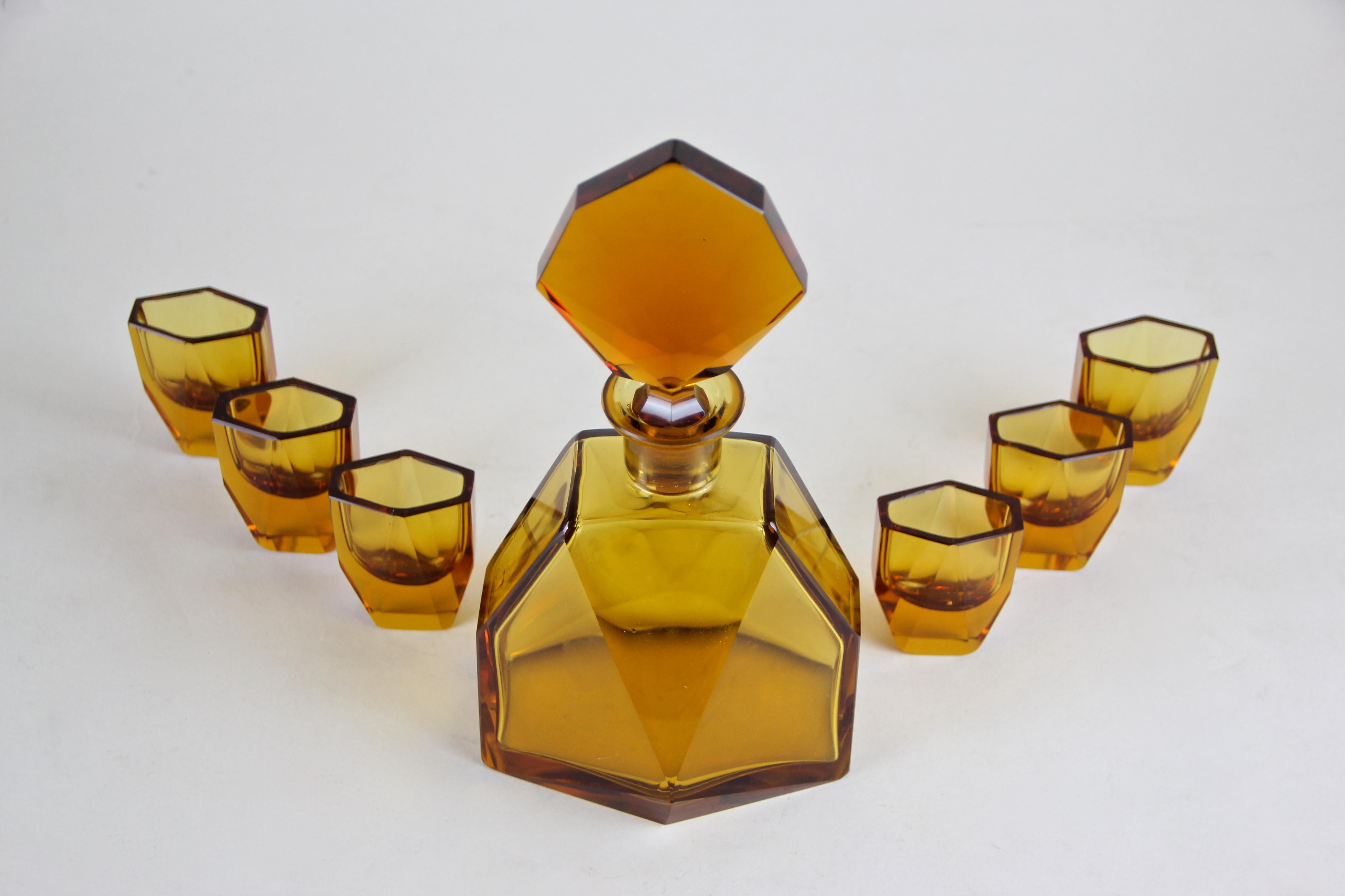 Art Deco Design Glass Liquor Set Amber-Colored, CZ, circa 1925 13