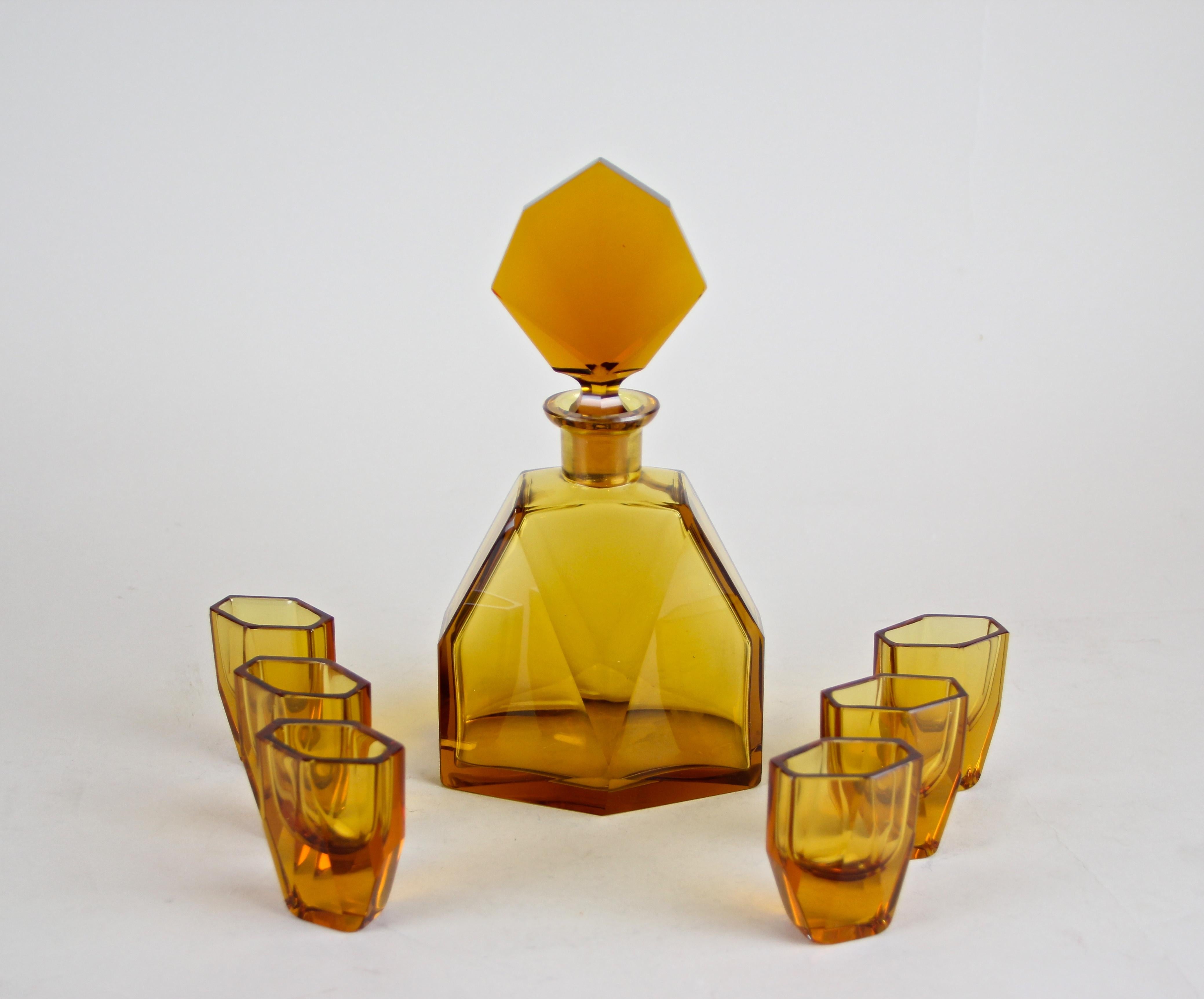 Art Deco Design Glass Liquor Set Amber-Colored, CZ, circa 1925 15