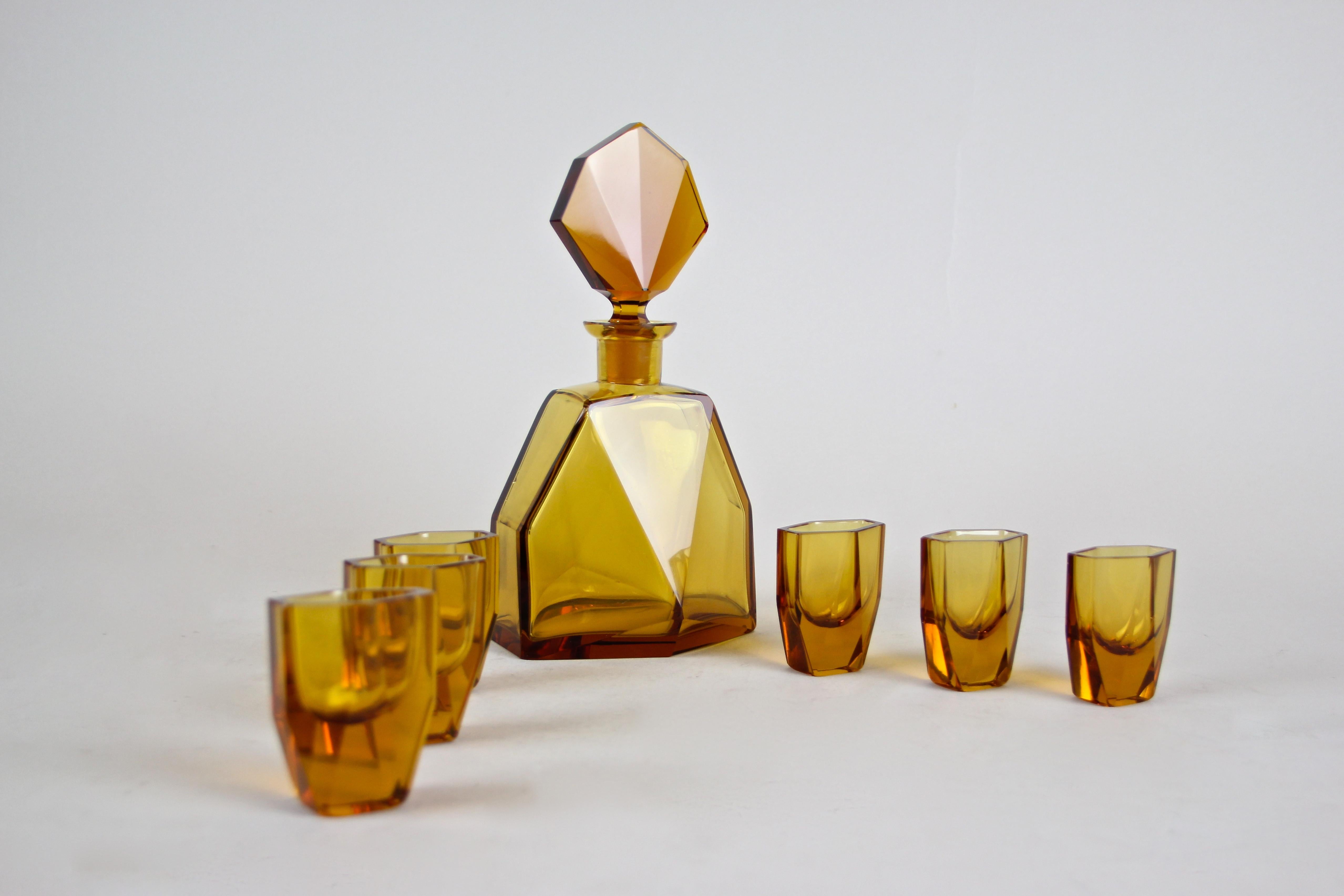 20th Century Art Deco Design Glass Liquor Set Amber-Colored, CZ, circa 1925
