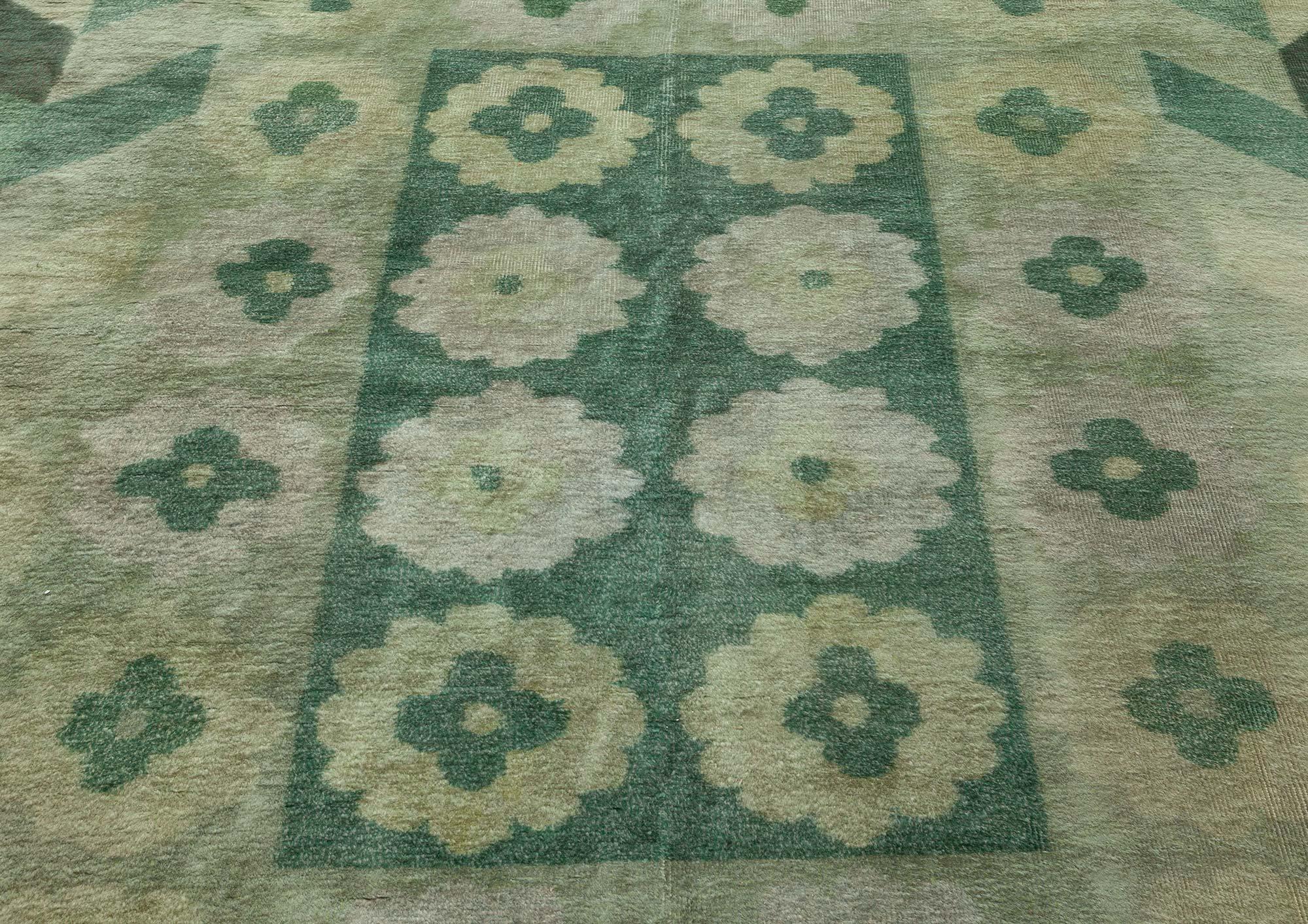 Hand-Knotted Art Deco Design Green Handmade Wool Carpet For Sale