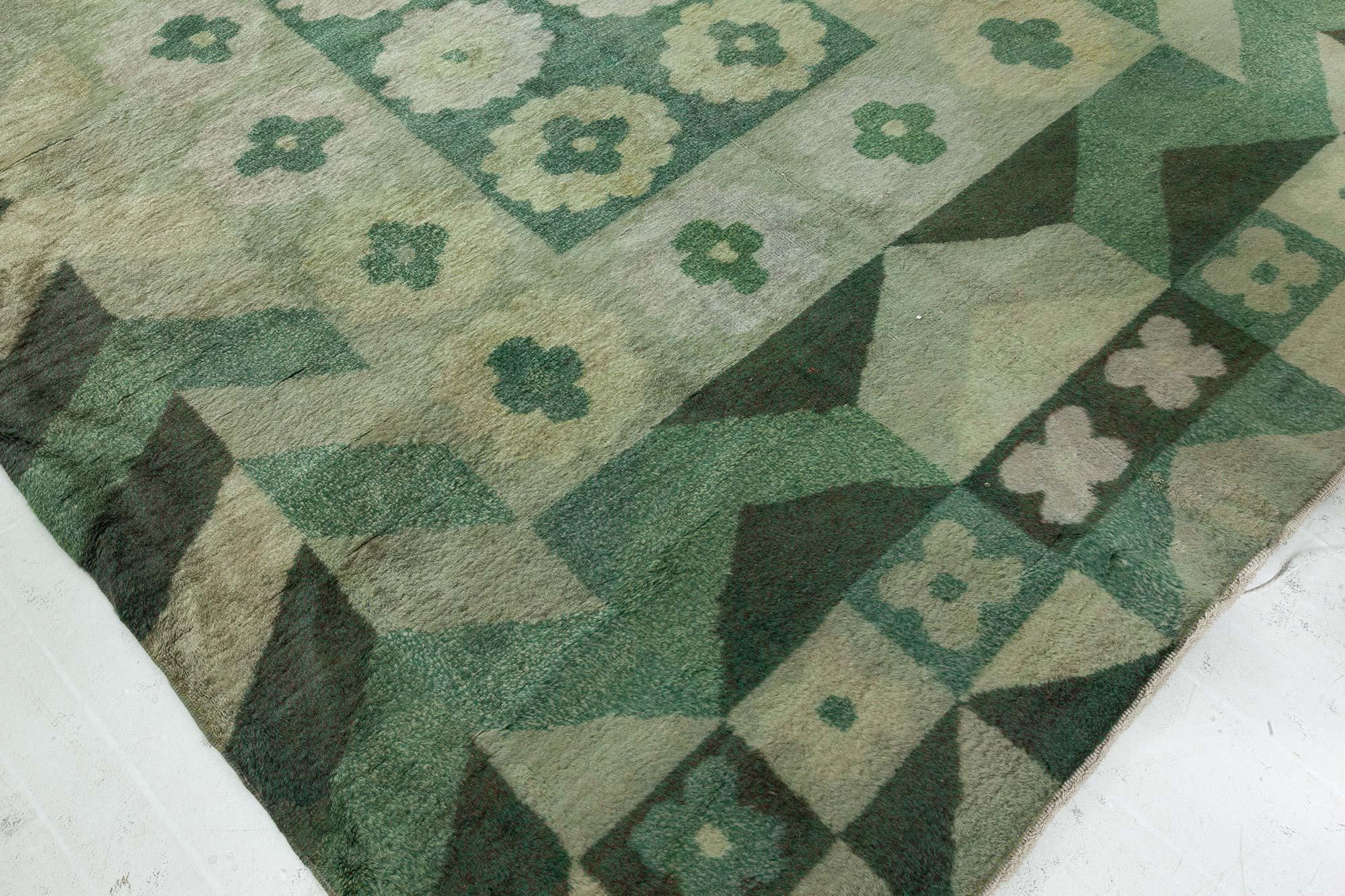 20th Century Art Deco Design Green Handmade Wool Carpet For Sale