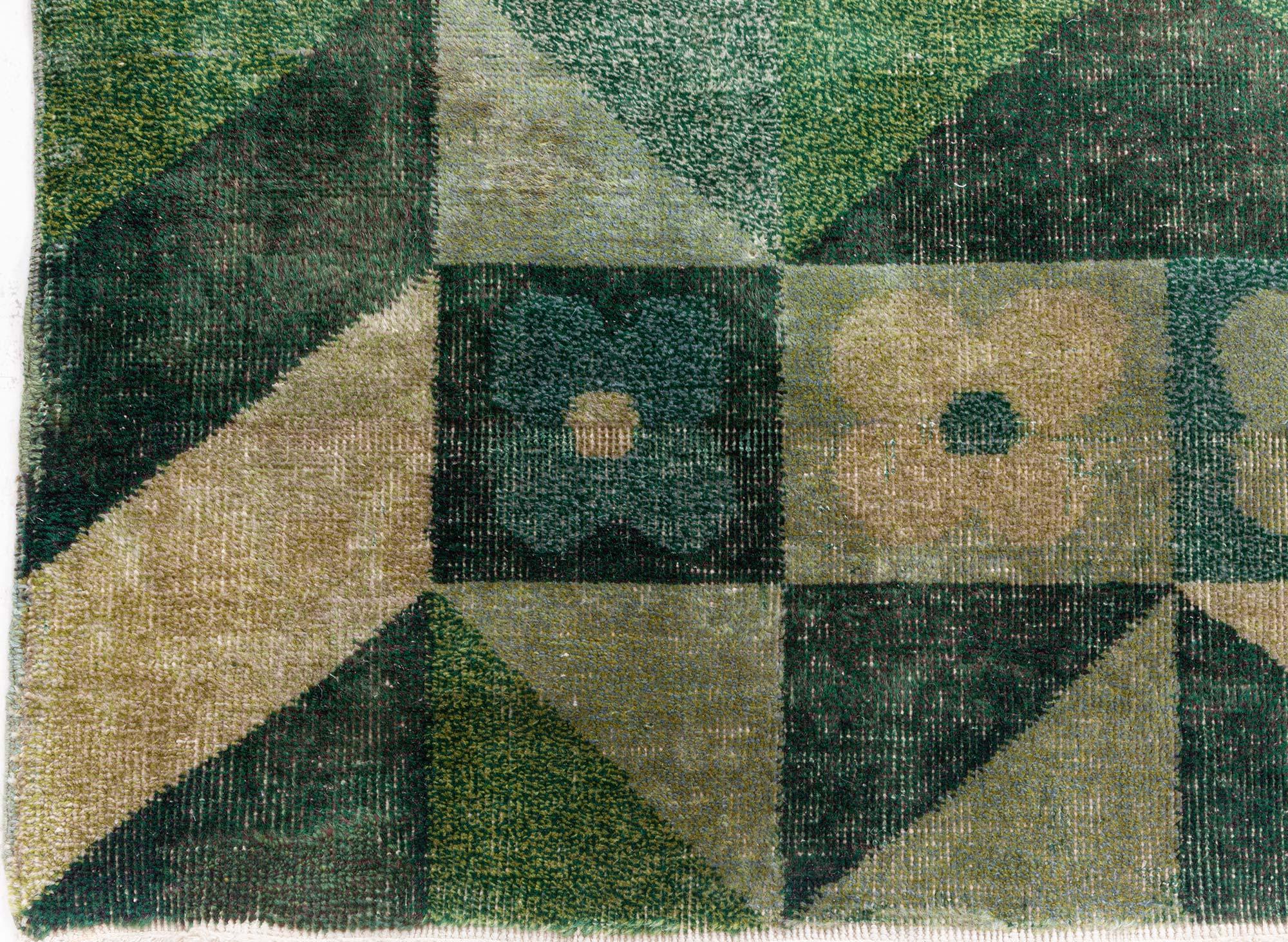French Art Deco Design Green Handmade Wool Rug Doris Leslie Blau For Sale