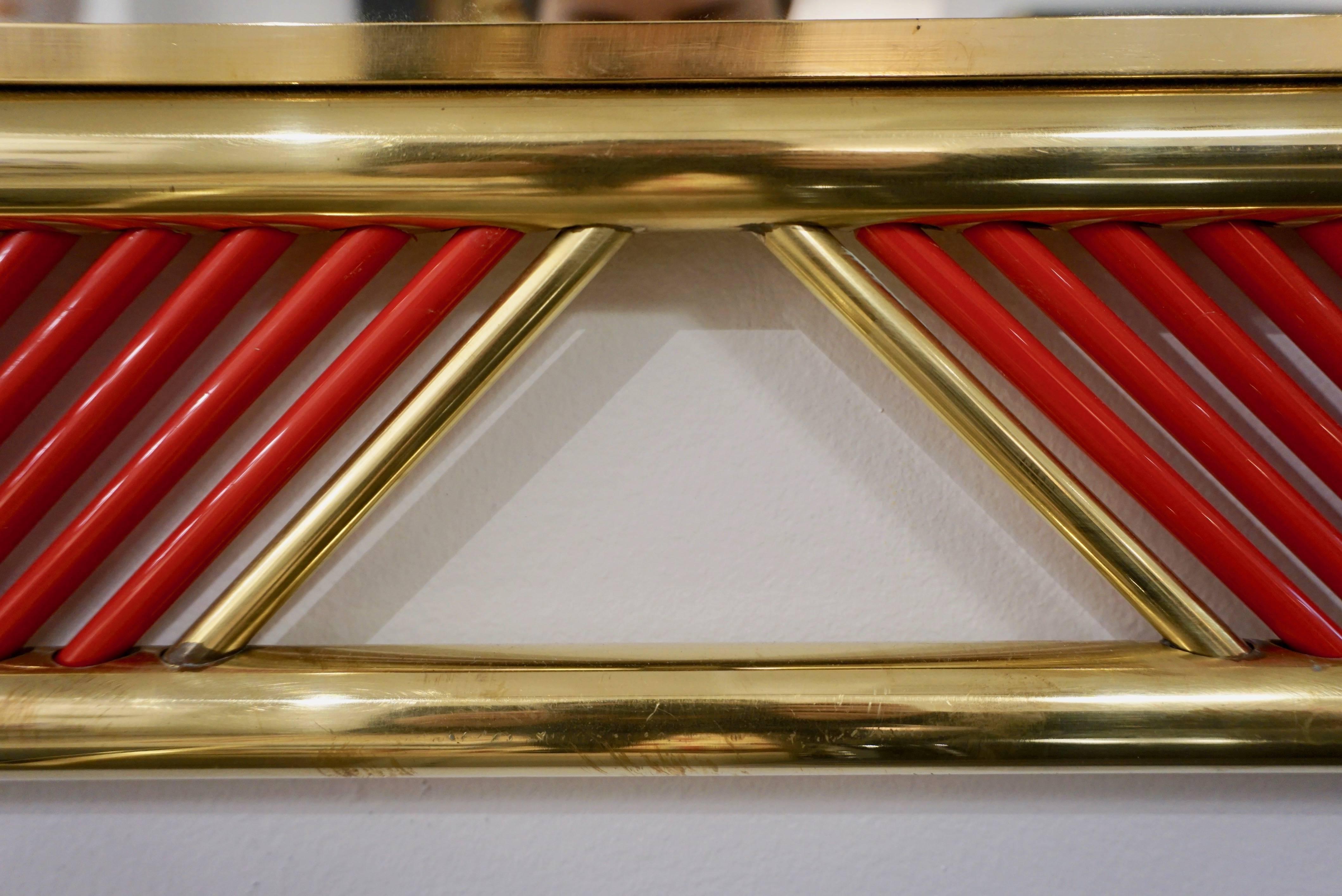 Art Deco Design Italian Red Murano Glass Geometric Modern Fretwork Brass Mirror In New Condition In New York, NY