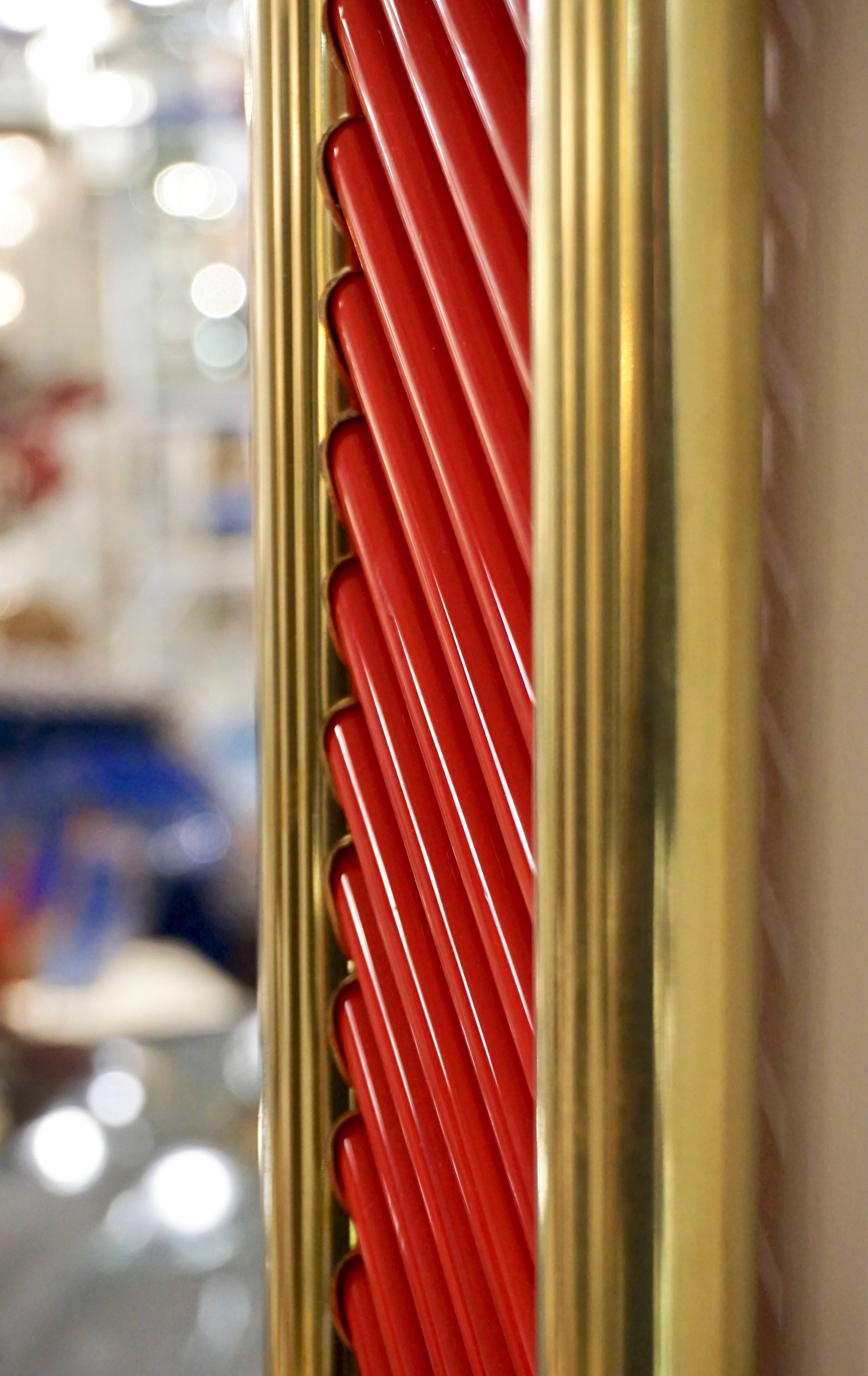 Contemporary Art Deco Design Italian Red Murano Glass Geometric Modern Fretwork Brass Mirror
