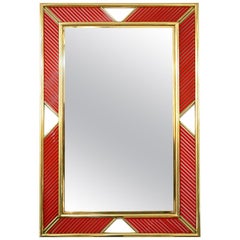 Art Deco Design Italian Red Murano Glass Geometric Modern Fretwork Brass Mirror