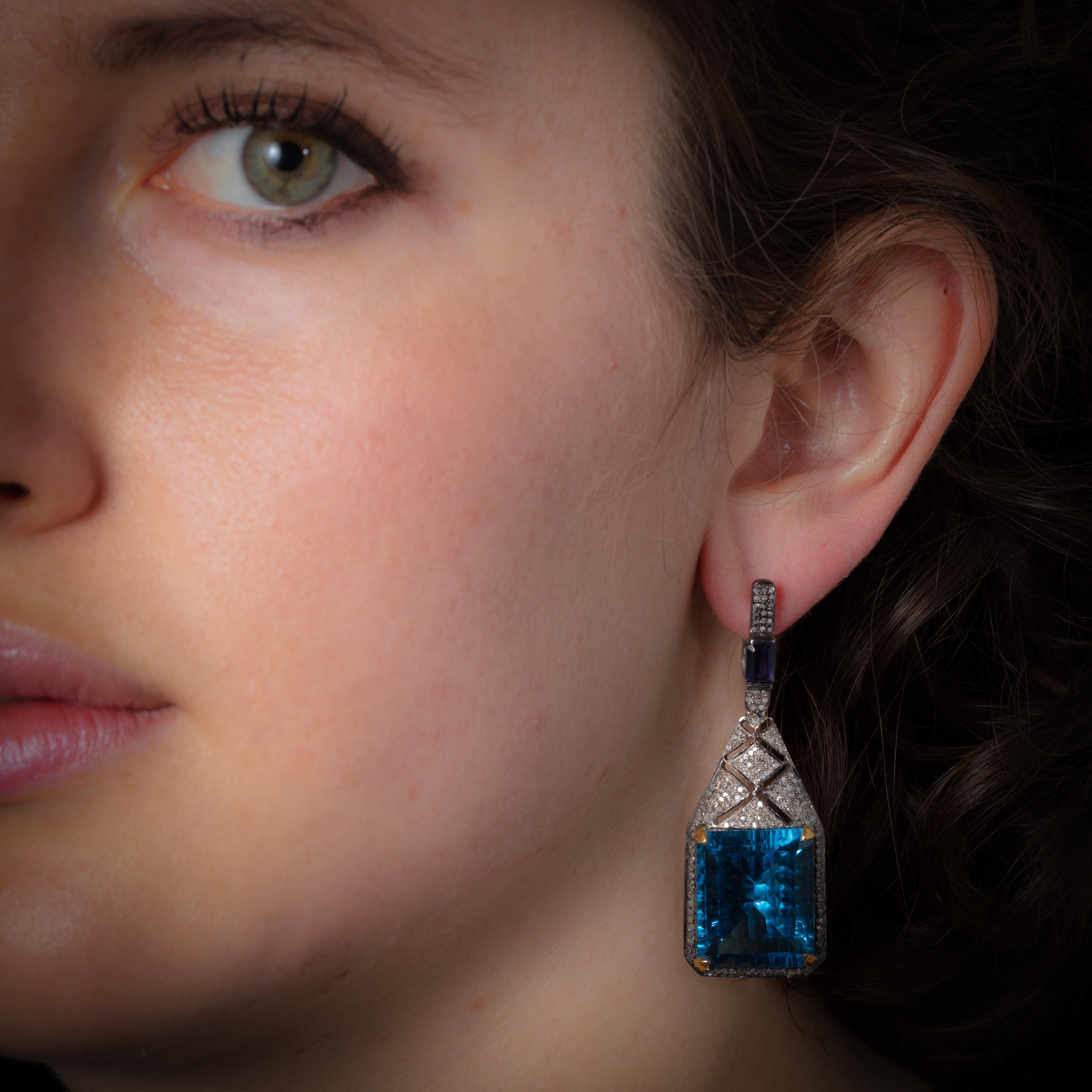 Art Deco Style Design, London Blue Topaz and Diamond Earrings In New Condition In Nantucket, MA