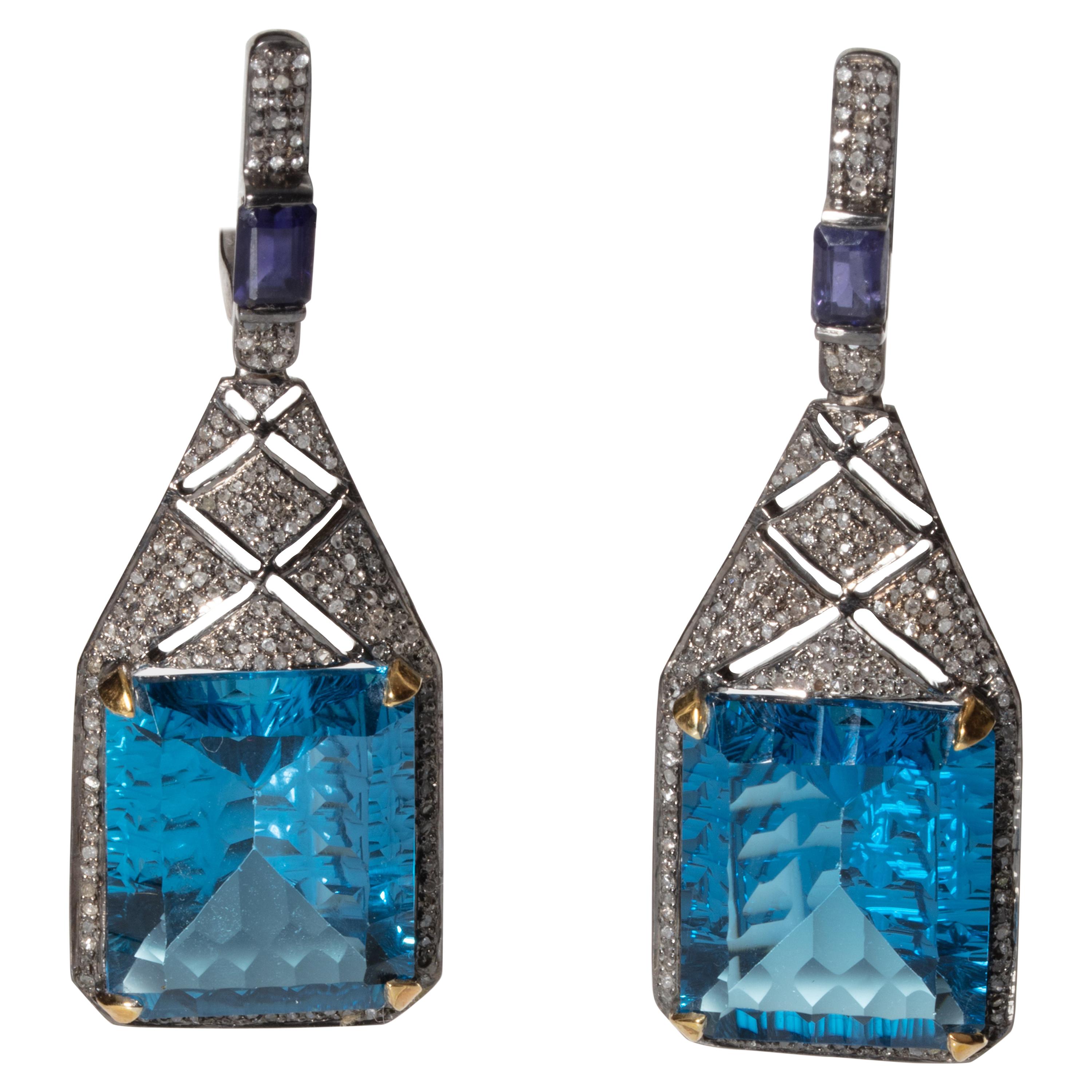 Art Deco Style Design, London Blue Topaz and Diamond Earrings