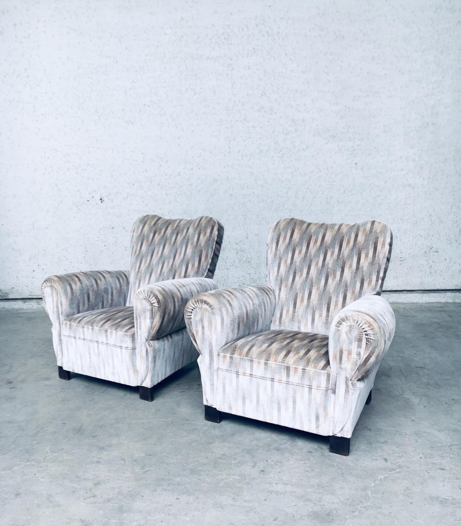 Vintage Art Deco Design Lounge Arm Chair set, made in Belgium 1940's. Beautiful shaped chairs with OP Art velvet fabric, which is probably not original and reupholstered somewhere in the 1970's / 80's. They are both in perfect condition. Each chair