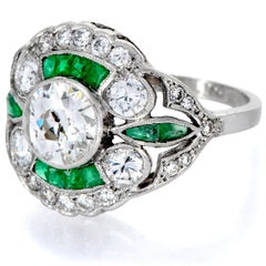 Art Deco Design Old Mine Diamond Emerald Platinum Ring