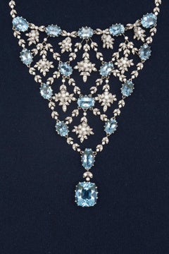 Art Deco Design Platinum Aquamarine Diamond Bib Necklace