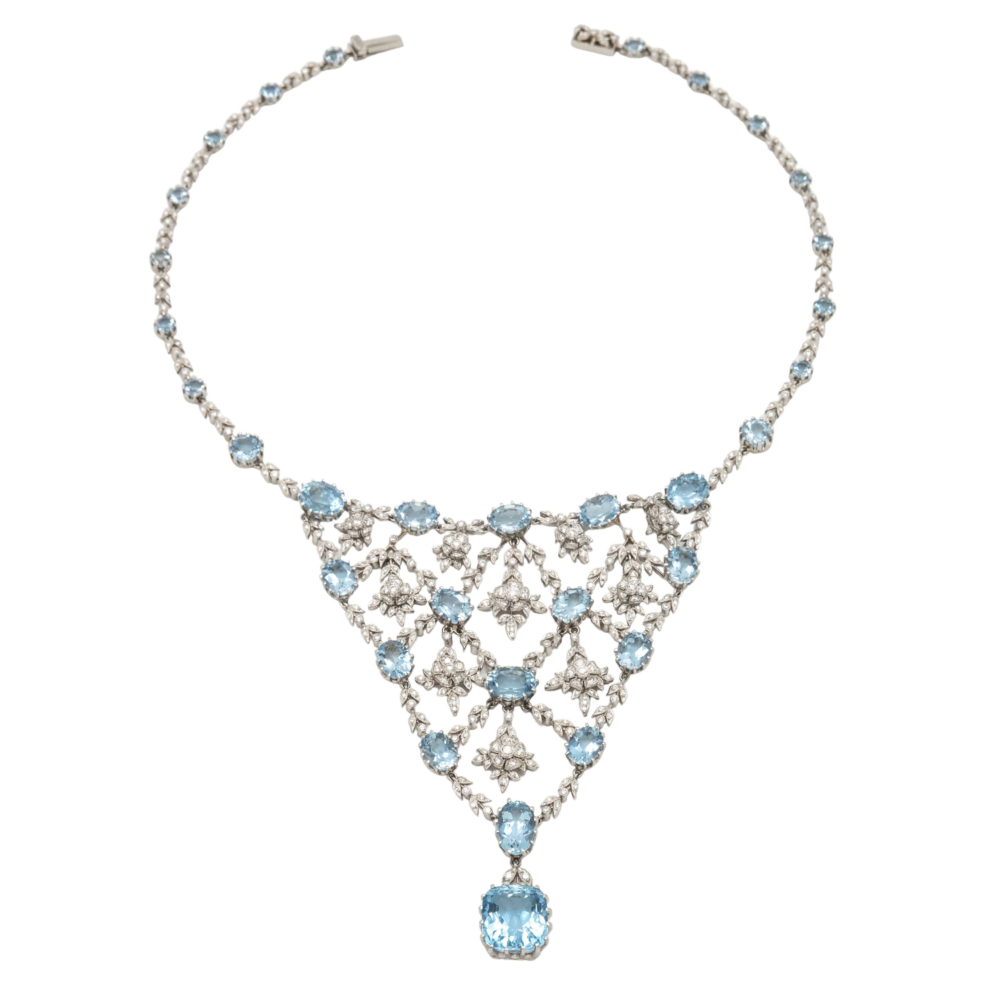 Art Deco Design Platinum Aquamarine Diamond Bib Necklace