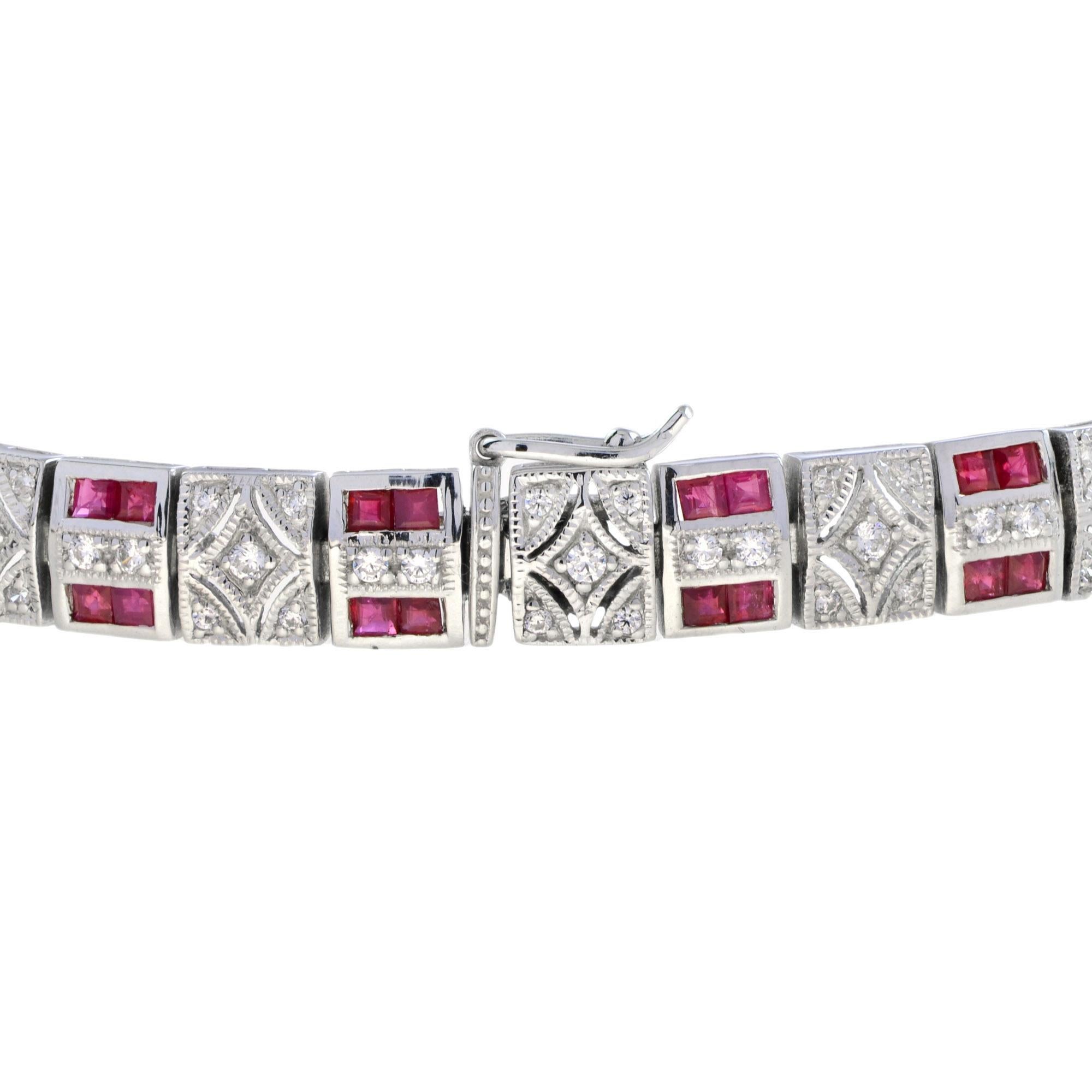 This art deco bar link bracelet is the epitome of vintage-inspired elegance featuring mesmerizing geometric patterns feature with ruby and diamonds. 14K White Gold. 
Bracelet Information
Width: 8 mm.
Length: 195 mm.
Weight: 20.00 g. (approx. in