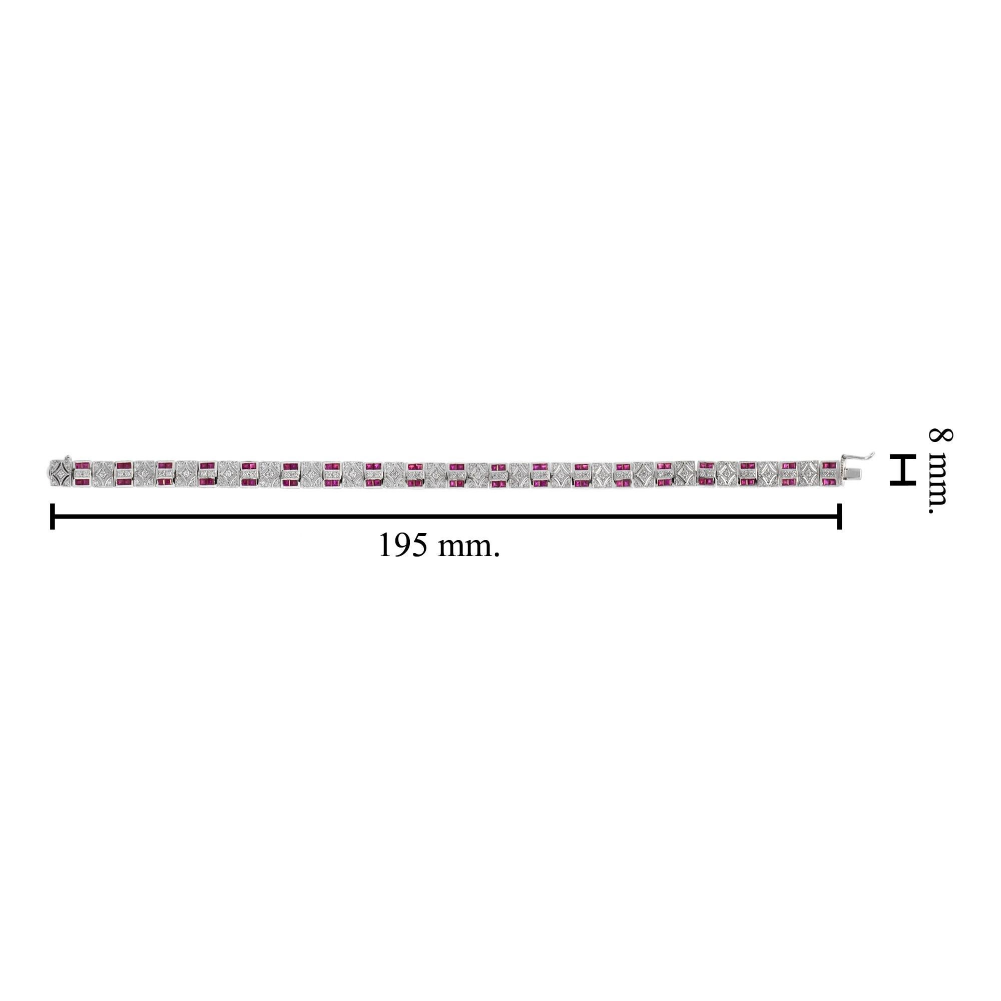 Art Deco Design Red Pink Ruby & Diamond 14K White Gold Tennis Line Bracelet In New Condition For Sale In Oakton, VA