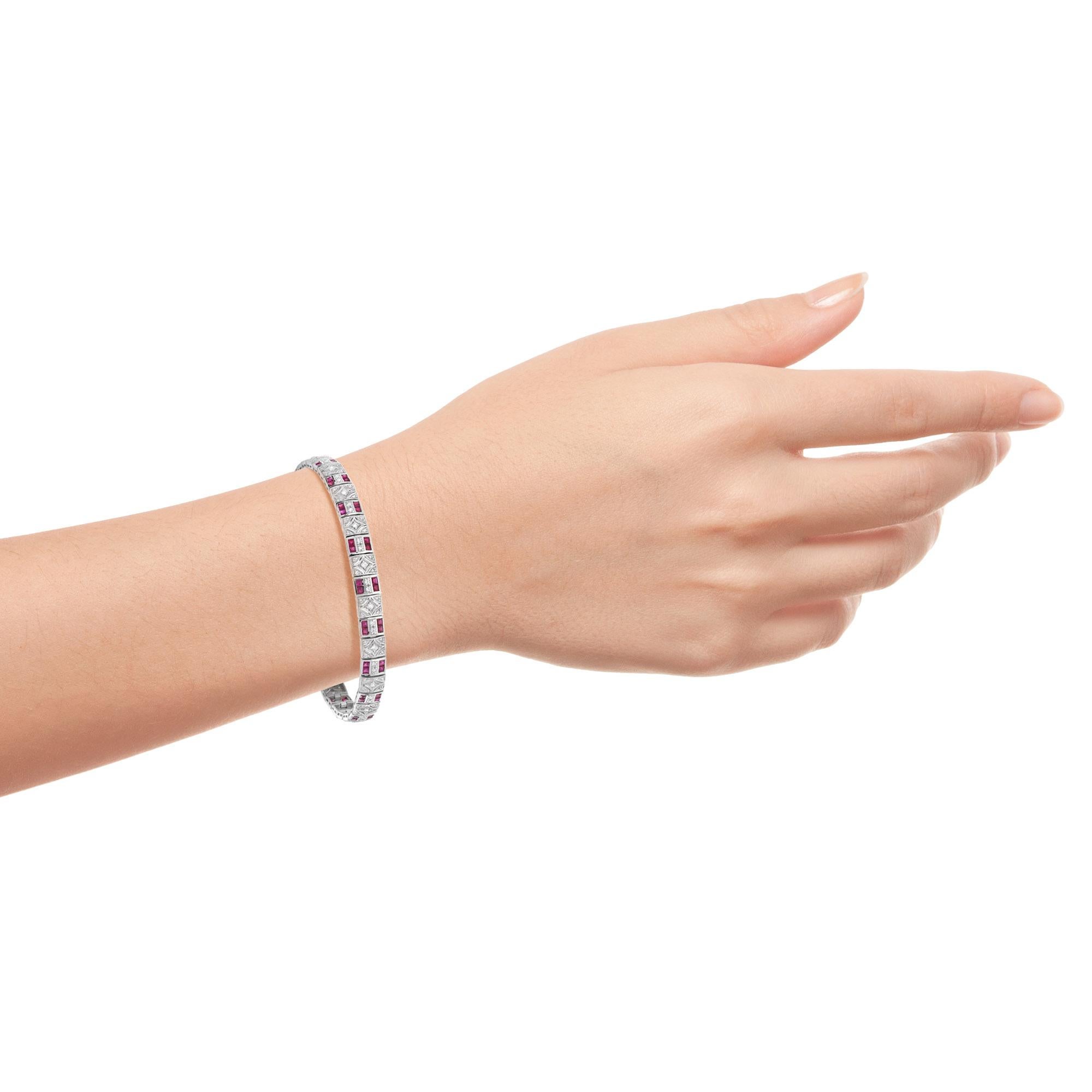 Women's Art Deco Design Red Pink Ruby & Diamond 14K White Gold Tennis Line Bracelet For Sale