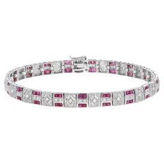 Art Deco Design Red Pink Ruby & Diamond 14K White Gold Tennis Line Bracelet