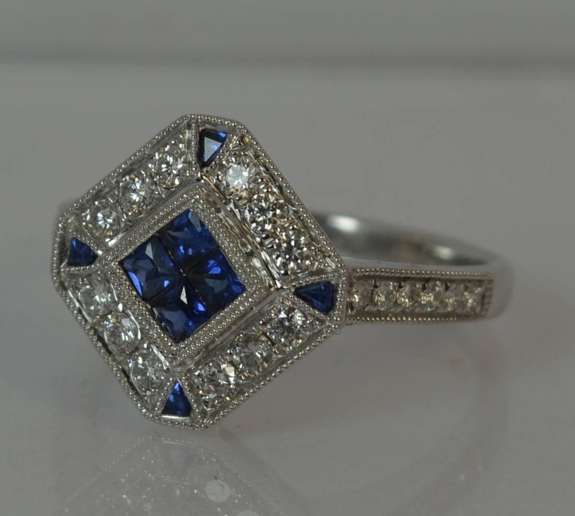 Art Deco Design Sapphire and Diamond 18 Carat White Gold Cluster Ring 5