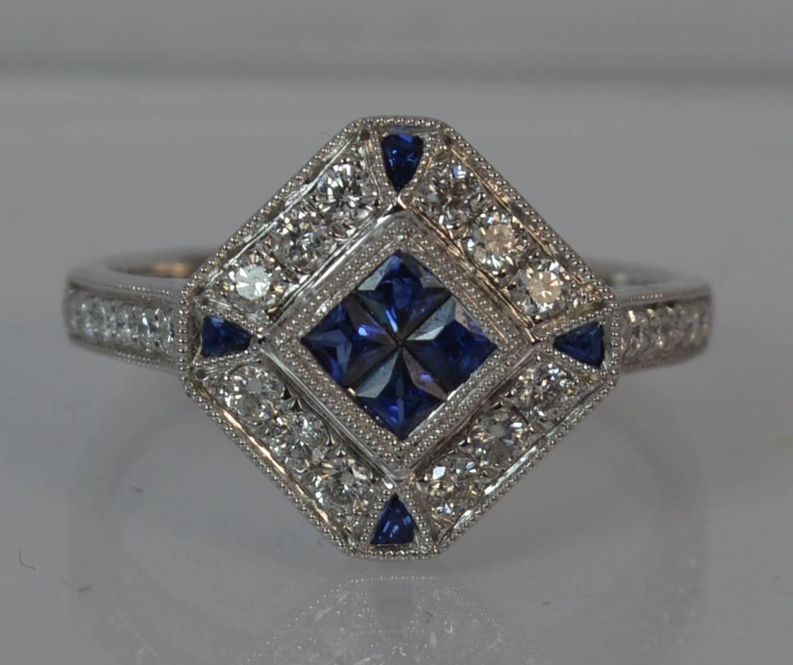 Art Deco Design Sapphire and Diamond 18 Carat White Gold Cluster Ring 6